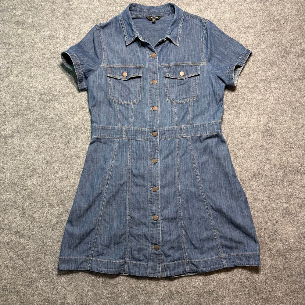 Express Denim Button Front Shirt Dress Size 6 Chambray Short Sleeve